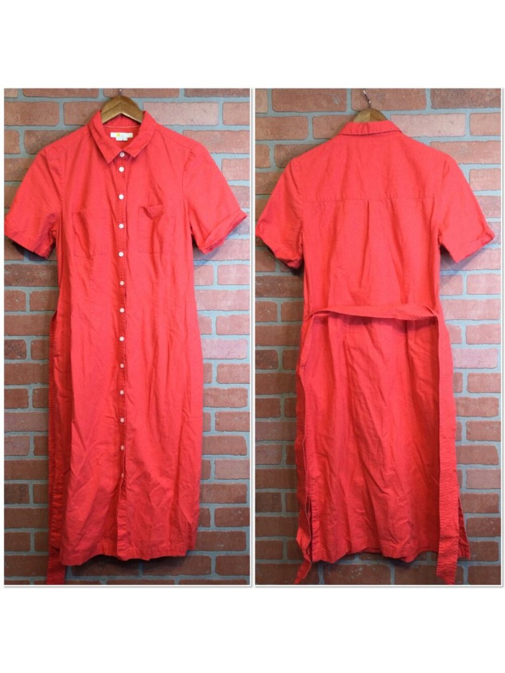 Boden Coral Red Linen Blend Ora Maxi Shirt Dress Belted Short Sleeve Size 8
